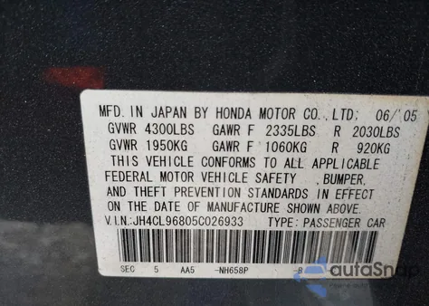 2005 Acura Tsx from USA, damaged, VIN JH4CL96805C026933